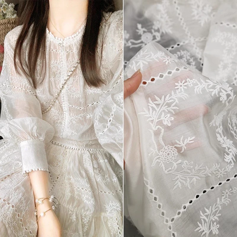 Summer Gauze Clothing - Tecido oco bordado flor, Strap Dress,